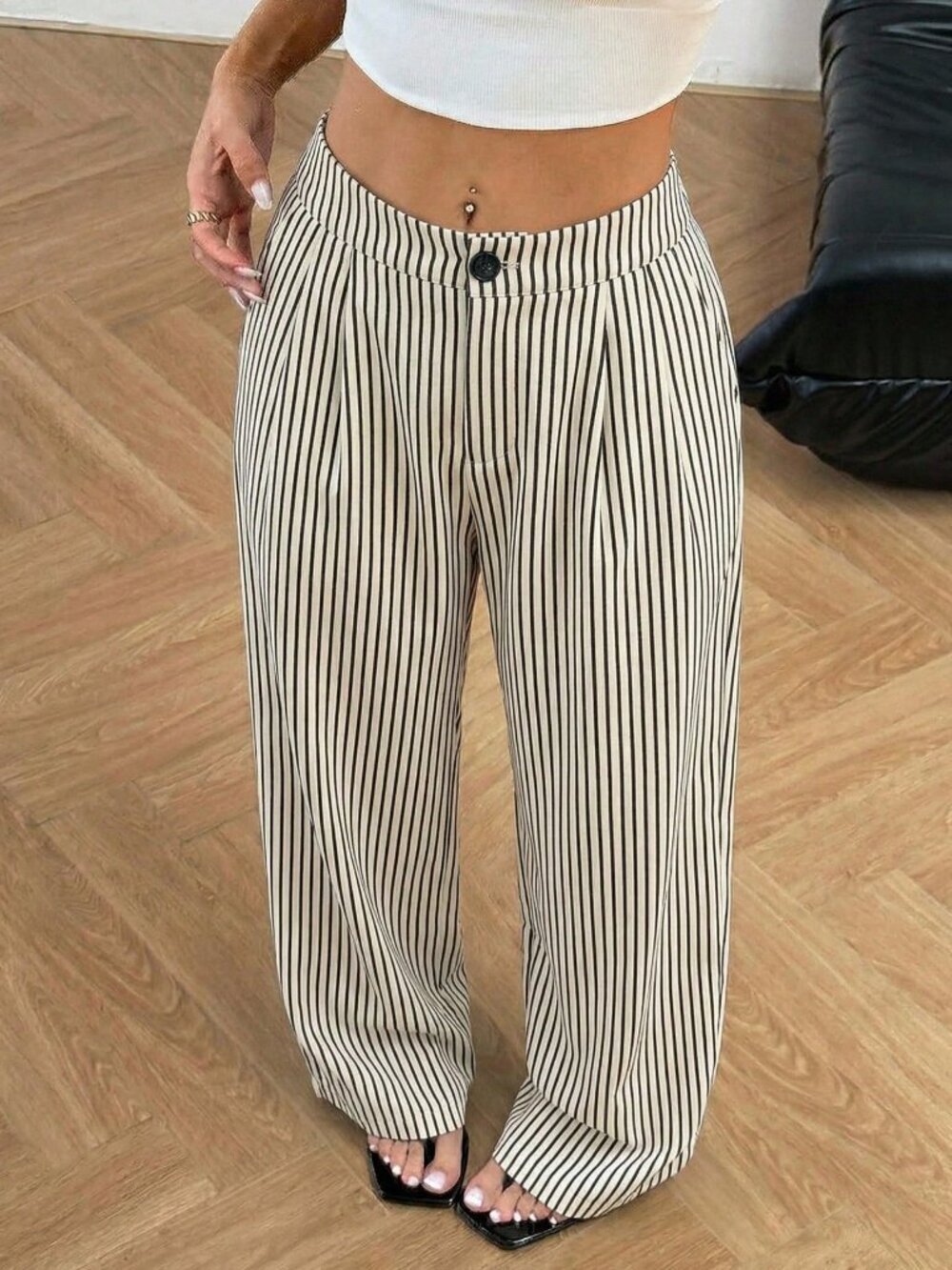 Black Casual Women's Striped Wide Leg Pants - Picture 7 of 9